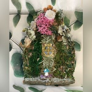 Enchanted Green and Pink Fairy Art Miniature door. Handcrafted. Moss